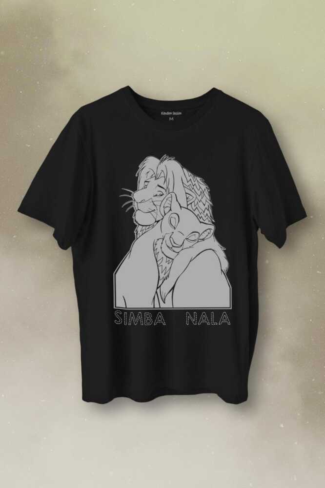 The Lion King Simba And Nala Baskılı Siyah Tişört Unisex