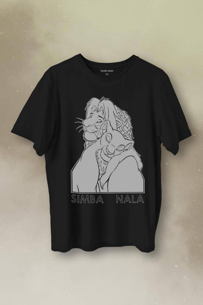 The Lion King Simba And Nala Baskılı Siyah Tişört Unisex