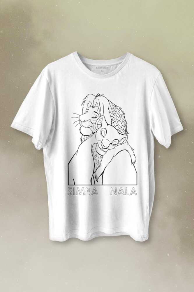 The Lion King Simba And Nala Baskılı Beyaz Tişört Unisex
