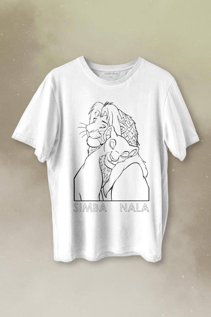 The Lion King Simba And Nala Baskılı Beyaz Tişört Unisex