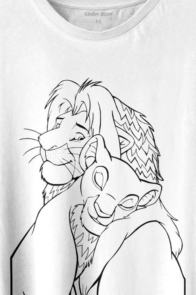 The Lion King Simba And Nala Baskılı Beyaz Tişört Unisex (1)