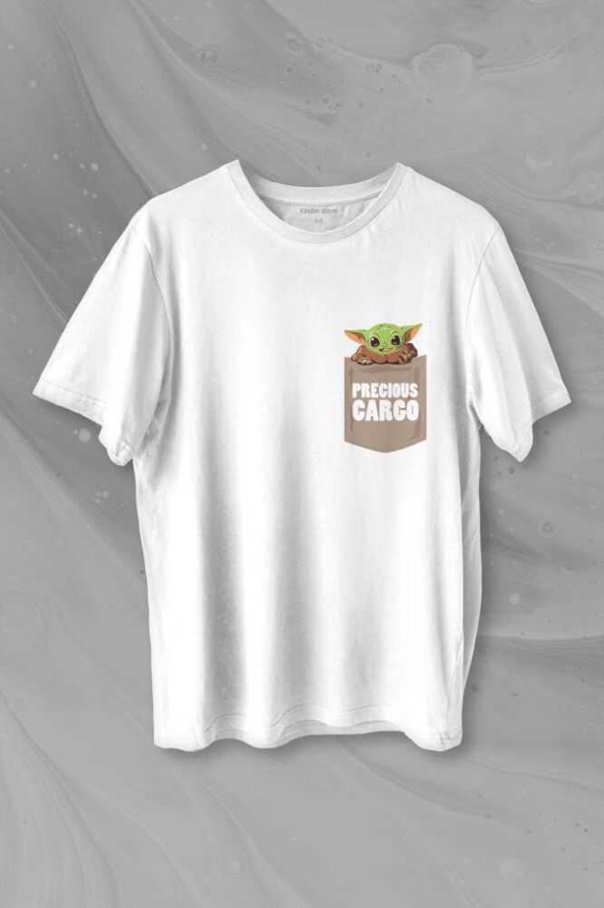 The Mandalorian Bebek Yoda Cep Tasarımı Baskılı Beyaz Tişört Unisex