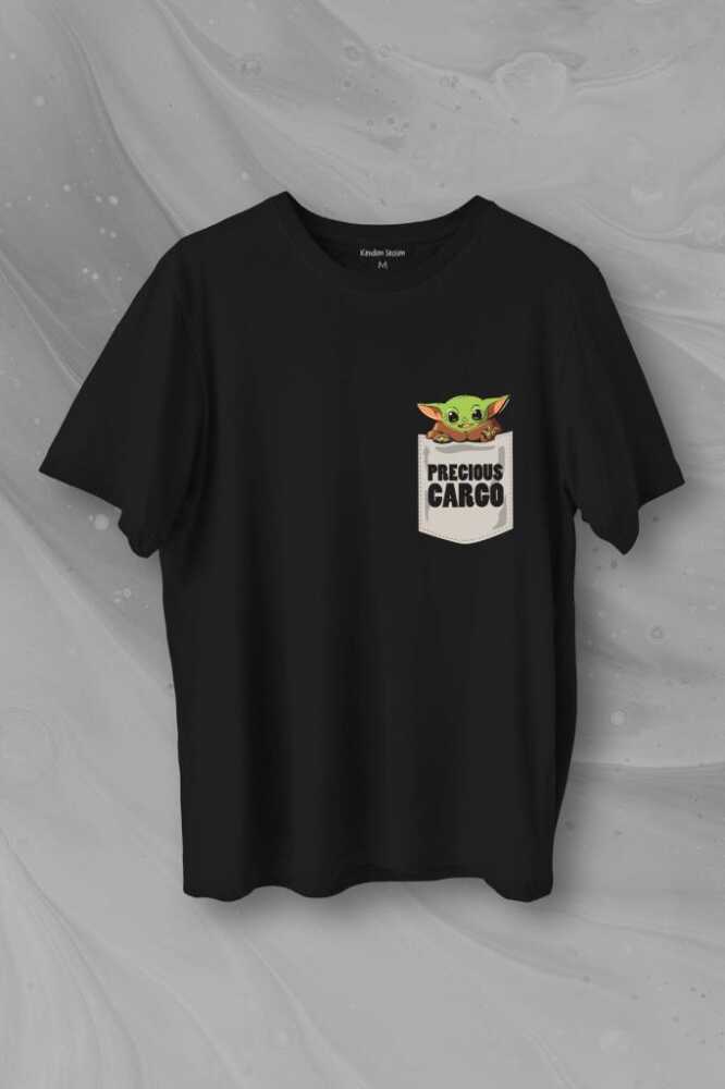 The Mandalorian Bebek Yoda Cep Tasarımı Baskılı Siyah Tişört Unisex