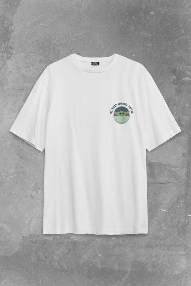 The Mandalorian Bebek Yoda Cep Tasarımı Star Wars Sırt Ön Baskılı Beyaz Oversize Tişört Unisex (1)