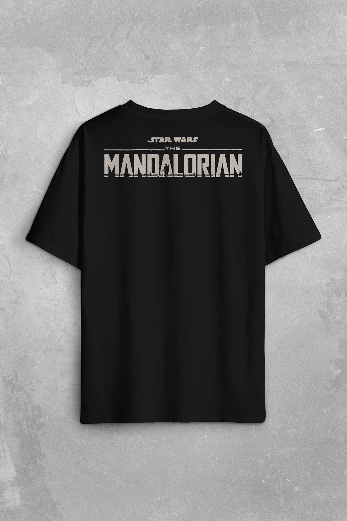 The Mandalorian Bebek Yoda Cep Tasarımı Star Wars Sırt Ön Baskılı Siyah Oversize Tişört Unisex