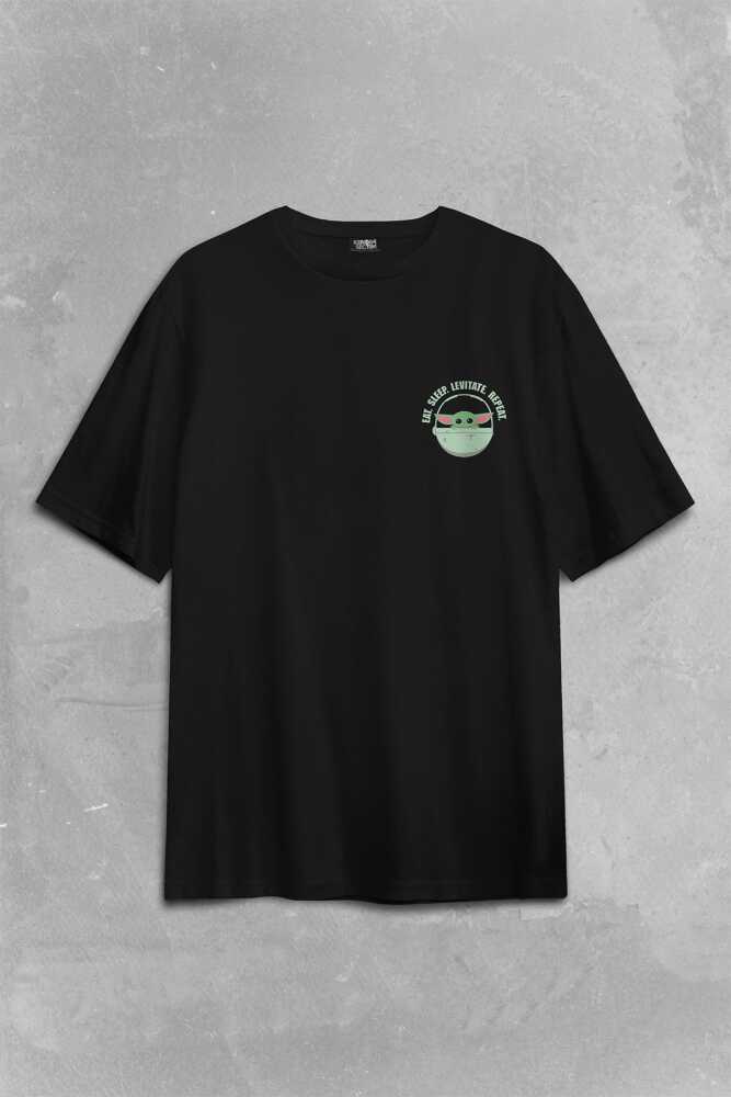 The Mandalorian Bebek Yoda Cep Tasarımı Star Wars Sırt Ön Baskılı Siyah Oversize Tişört Unisex (1)