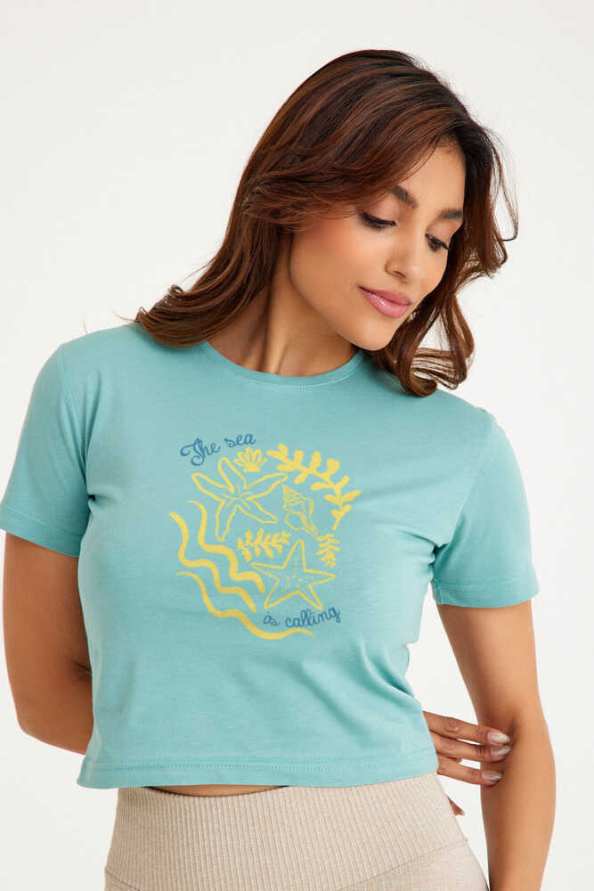 The Sea is Calling Summer Vibe Deniz Güneş Kum Yaz Kadın Tişört Kısa Kollu T-shirt Mint Crop