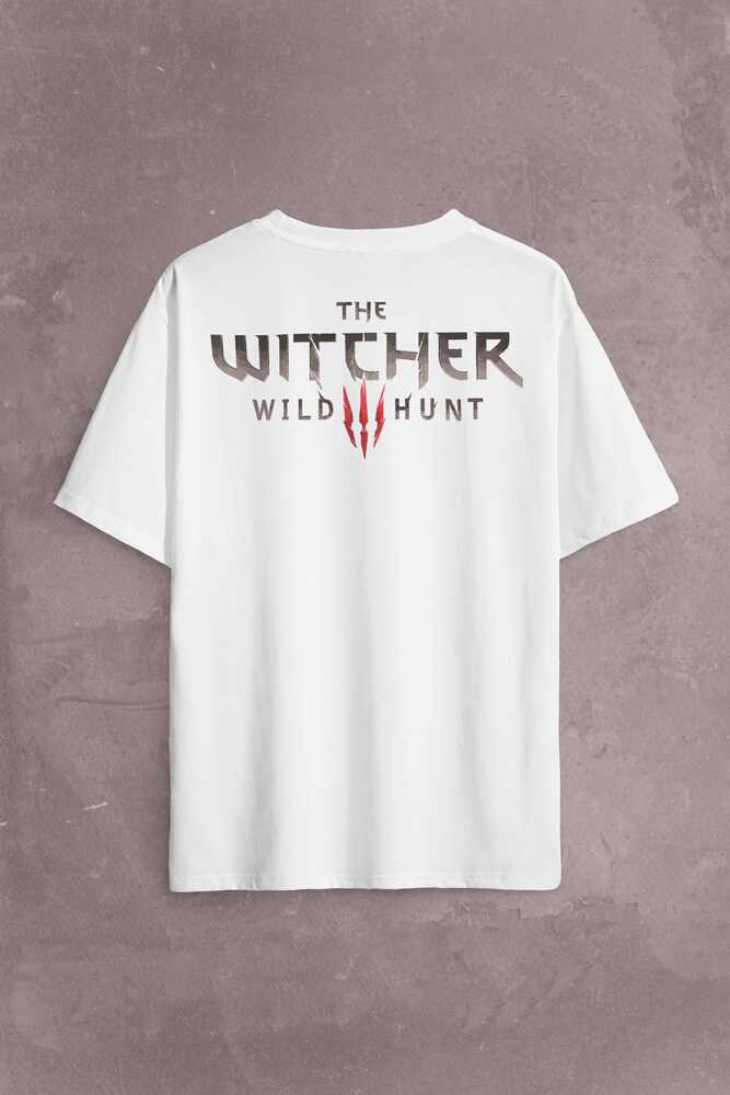 The Witcher Avatar Wild Hunt Logo Online Oyun Wolf Sırt Ön Baskılı Beyaz Oversize Tişört Unisex (1)