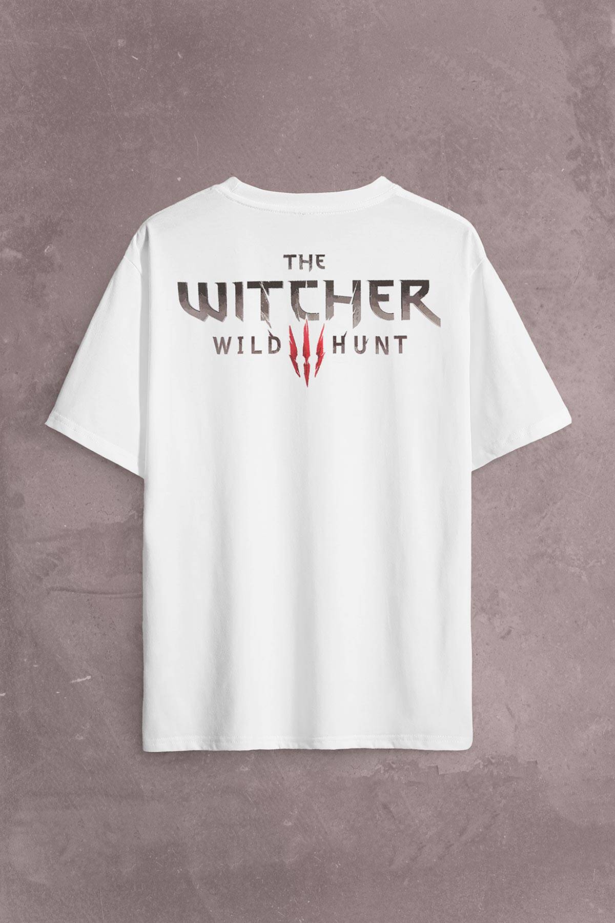 The Witcher Avatar Wild Hunt Logo Online Oyun Wolf Sırt Ön Baskılı Beyaz Oversize Tişört Unisex (1)