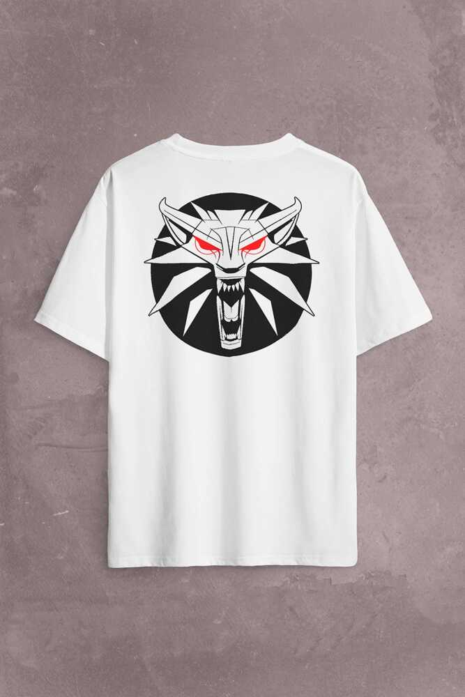 The Witcher Avatar Wild Hunt Online Oyun Wolf Sırt Ön Baskılı Beyaz Oversize Tişört Unisex (1)