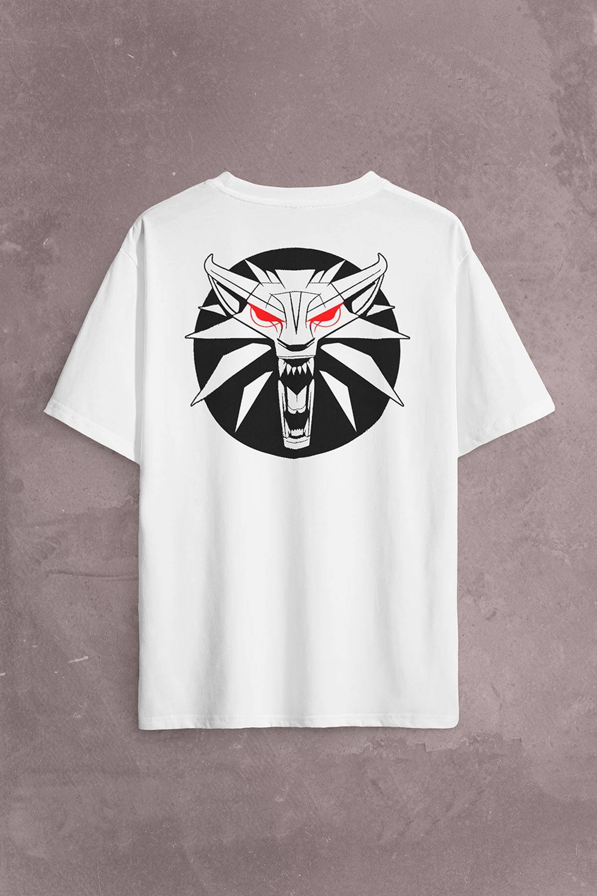 The Witcher Avatar Wild Hunt Online Oyun Wolf Sırt Ön Baskılı Beyaz Oversize Tişört Unisex (1)
