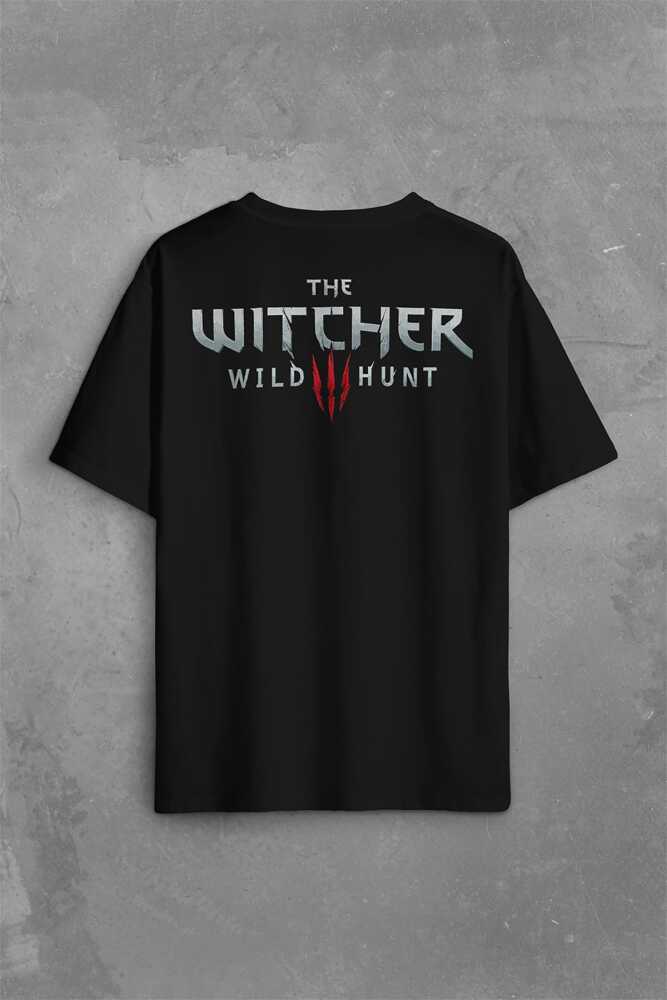 The Witcher Avatar Wild Hunt Logo Online Oyun Wolf Sırt Ön Baskılı Siyah Oversize Tişört Unisex (1)