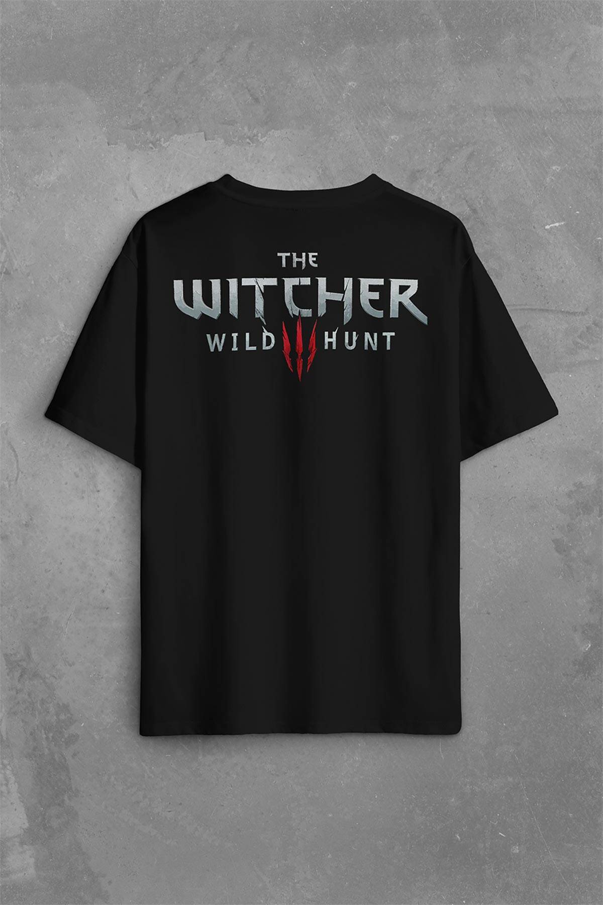 The Witcher Avatar Wild Hunt Logo Online Oyun Wolf Sırt Ön Baskılı Siyah Oversize Tişört Unisex (1)