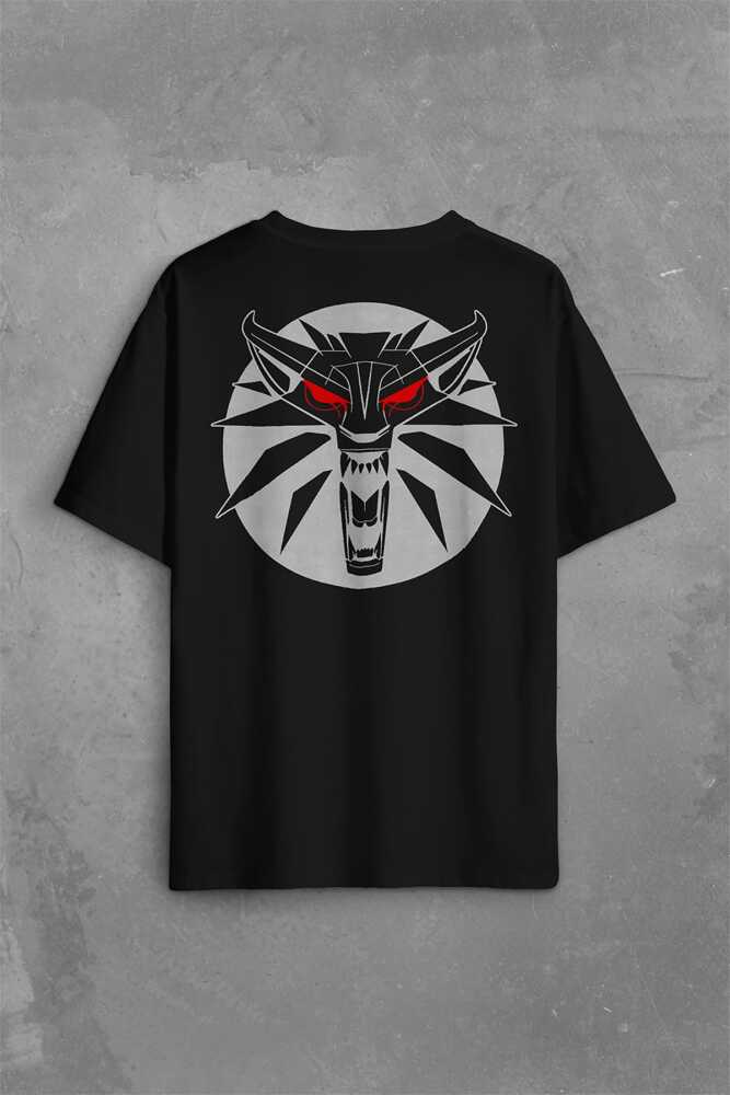 The Witcher Avatar Wild Hunt Online Oyun Wolf Sırt Ön Baskılı Siyah Oversize Tişört Unisex (1)