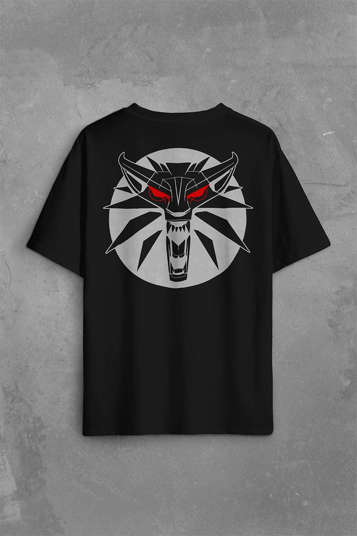 The Witcher Avatar Wild Hunt Online Oyun Wolf Sırt Ön Baskılı Siyah Oversize Tişört Unisex (1)