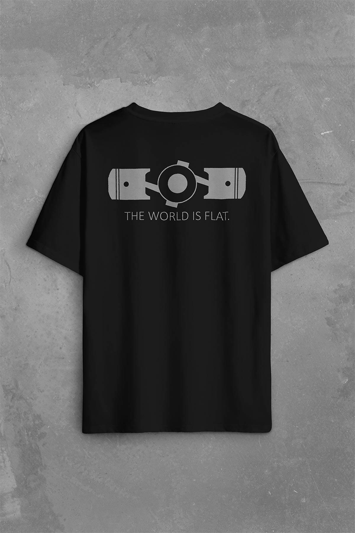 The World Is Flat Dünya Düzdür Speed Track Race Sırt Ön Baskılı Siyah Oversize Tişört Unisex
