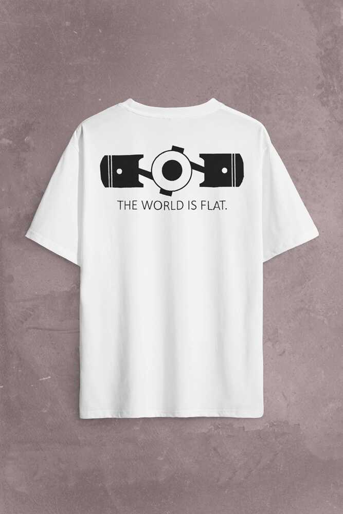 The World Is Flat Dünya Düzdür Speed Track Race Sırt Ön Baskılı Beyaz Oversize Tişört Unisex (1)
