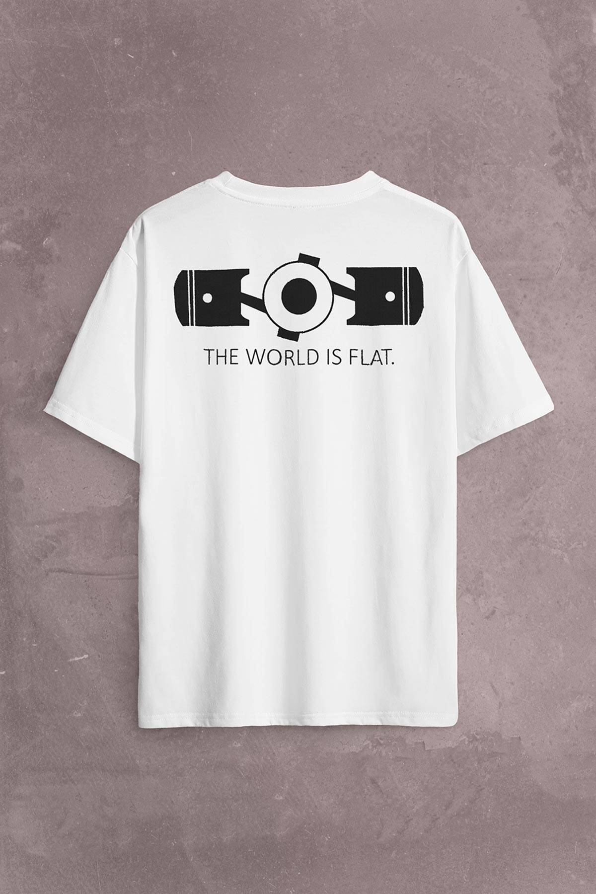 The World Is Flat Dünya Düzdür Speed Track Race Sırt Ön Baskılı Beyaz Oversize Tişört Unisex (1)