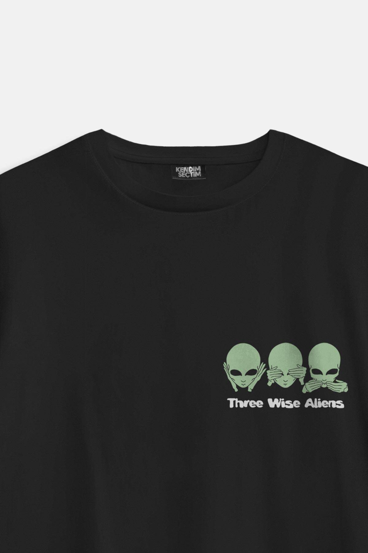 Three Wise Aliens Ufo Mars Uzay Kozmos Minimal Baskılı Siyah Oversize T-shirt (1)