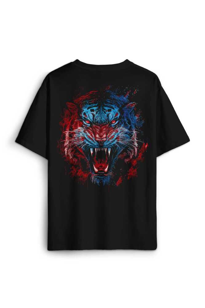 Tiger Bordo Mavi Kaplan Tasarım Baskılı Oversize Siyah Unisex Tişört