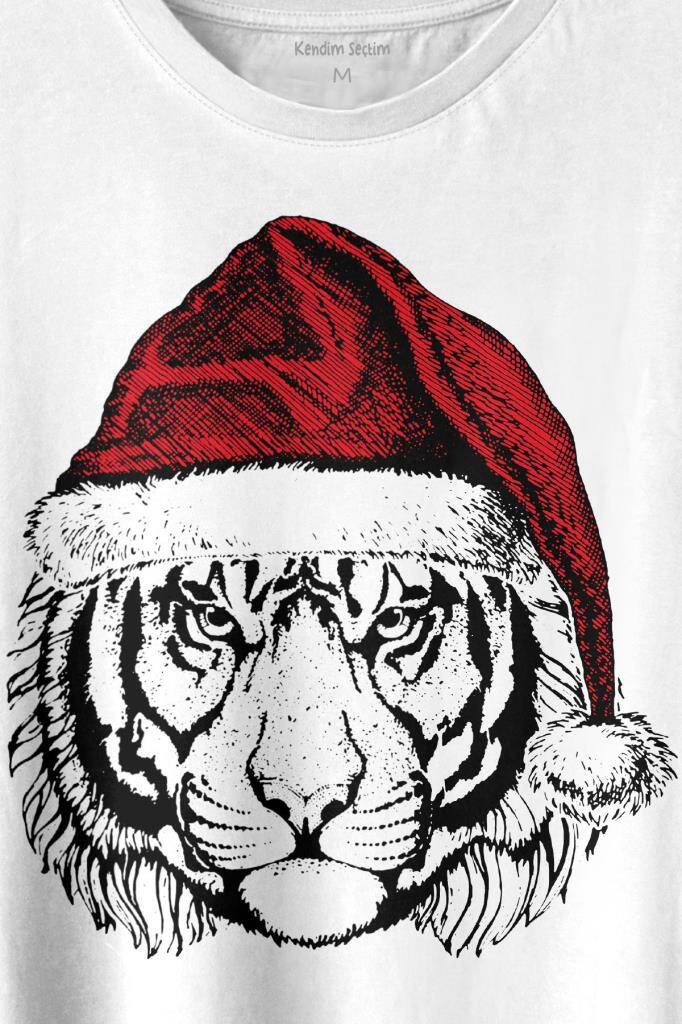 Tiger Wild Cat Kaplan Noel Şapkalı Yılbaşı Christmas Baskılı Beyaz Tişört Unisex (1)