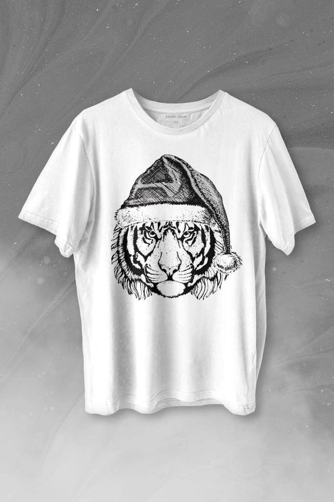 Tiger Wild Cat Kaplan Noel Yılbaşı Christmas Baskılı Beyaz Tişört Unisex
