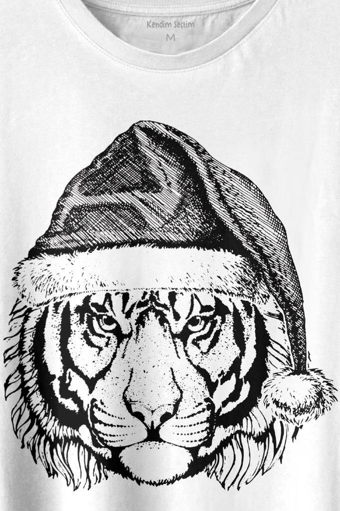 Tiger Wild Cat Kaplan Noel Yılbaşı Christmas Baskılı Beyaz Tişört Unisex (1)