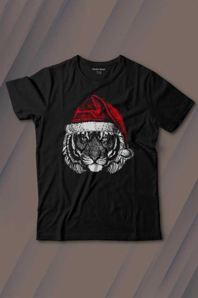 Tiger Wild Cat Noel Şapkalı Kaplan Yılbaşı Christmas Siyah Çocuk Kısa Kollu Tişört