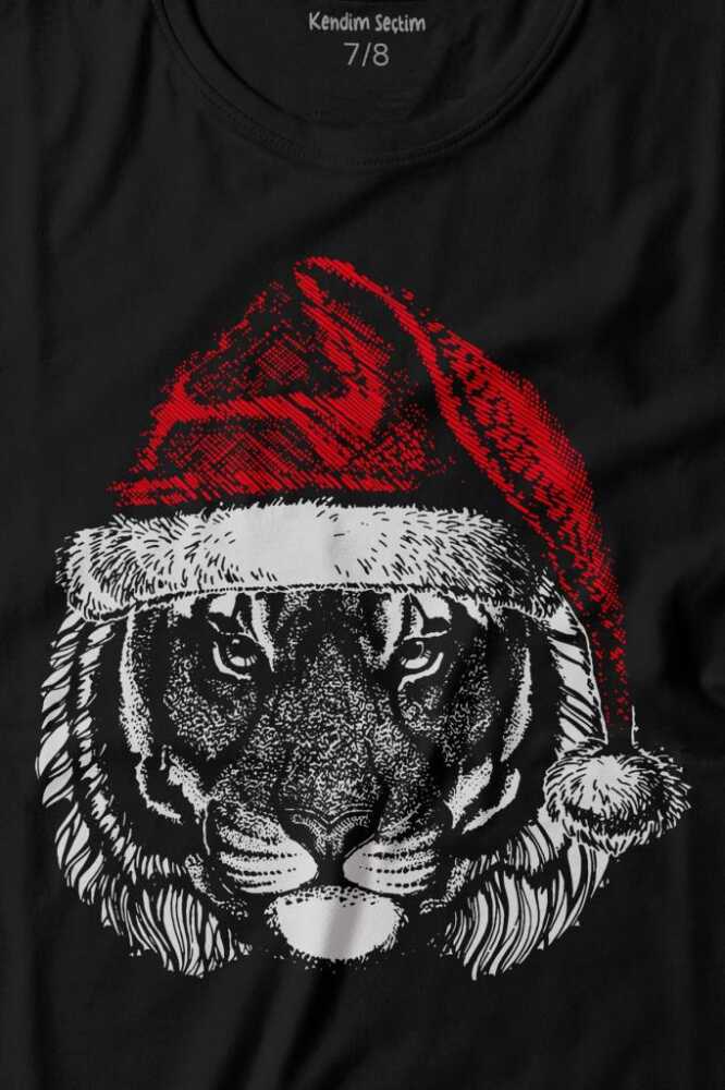Tiger Wild Cat Noel Şapkalı Kaplan Yılbaşı Christmas Siyah Çocuk Kısa Kollu Tişört (1)