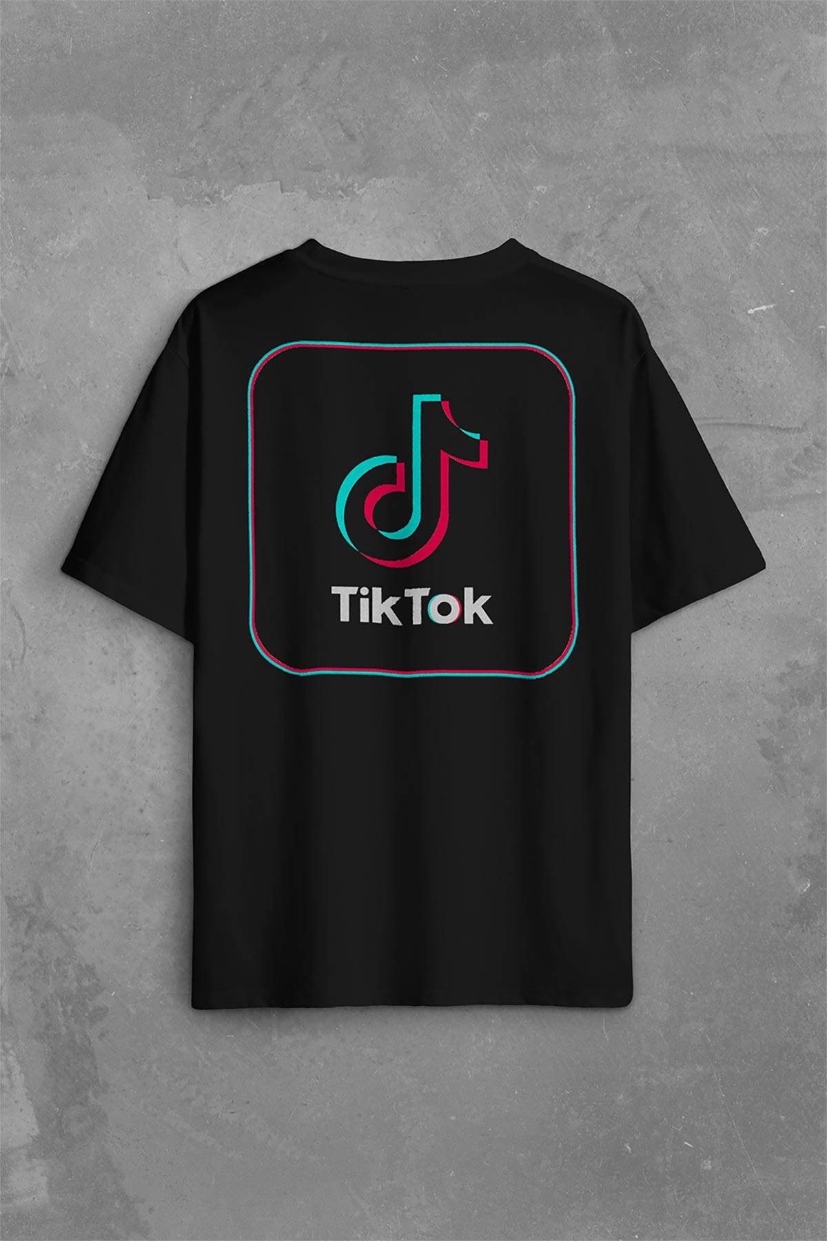 TikTok Logo Music Video Sırt Ön Baskılı Siyah Oversize Tişört Unisex