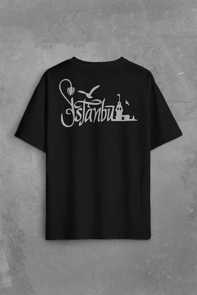 Tipografik İstanbul Siluet Tasarım Martı Sırt Ön Baskılı Siyah Oversize Tişört Unisex (1)