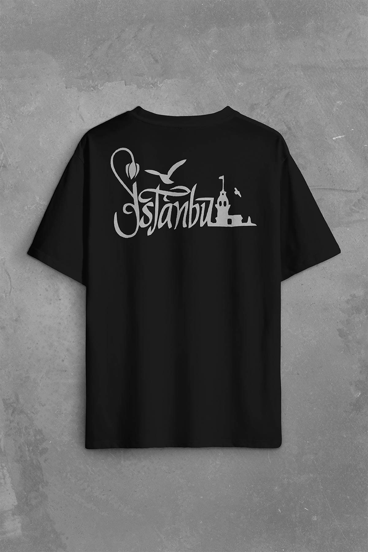 Tipografik İstanbul Siluet Tasarım Martı Sırt Ön Baskılı Siyah Oversize Tişört Unisex (1)