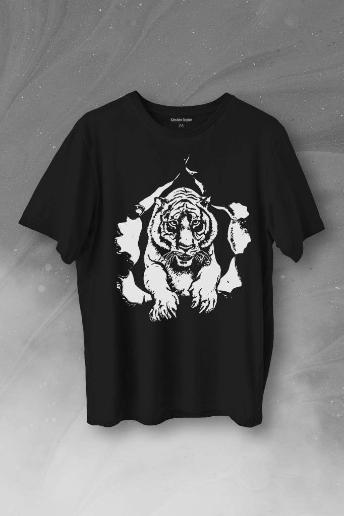 Tişörtün İçinden Çıkan Kaplan Tiger Baskılı Siyah Tişört Unisex