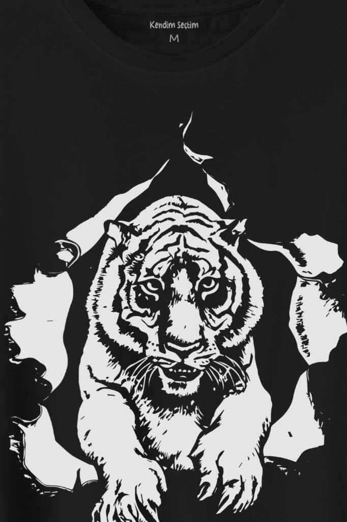 Tişörtün İçinden Çıkan Kaplan Tiger Baskılı Siyah Tişört Unisex (1)