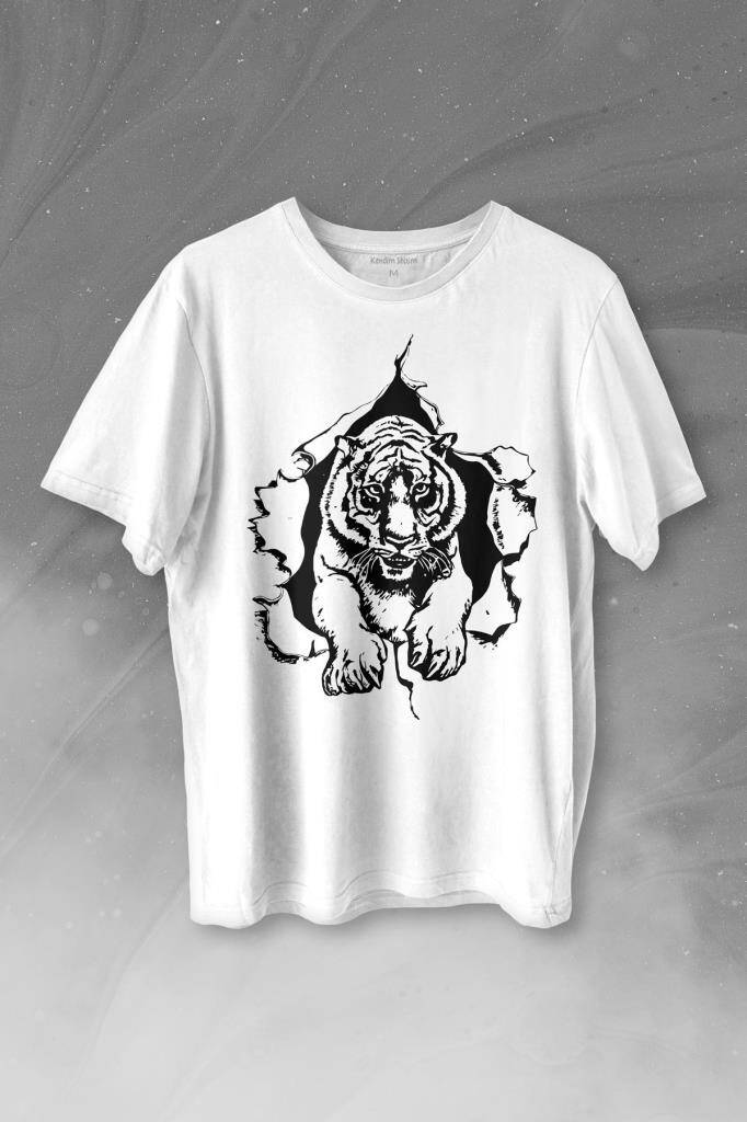 Tişörtün İçinden Çıkan Kaplan Tiger Baskılı Beyaz Tişört Unisex