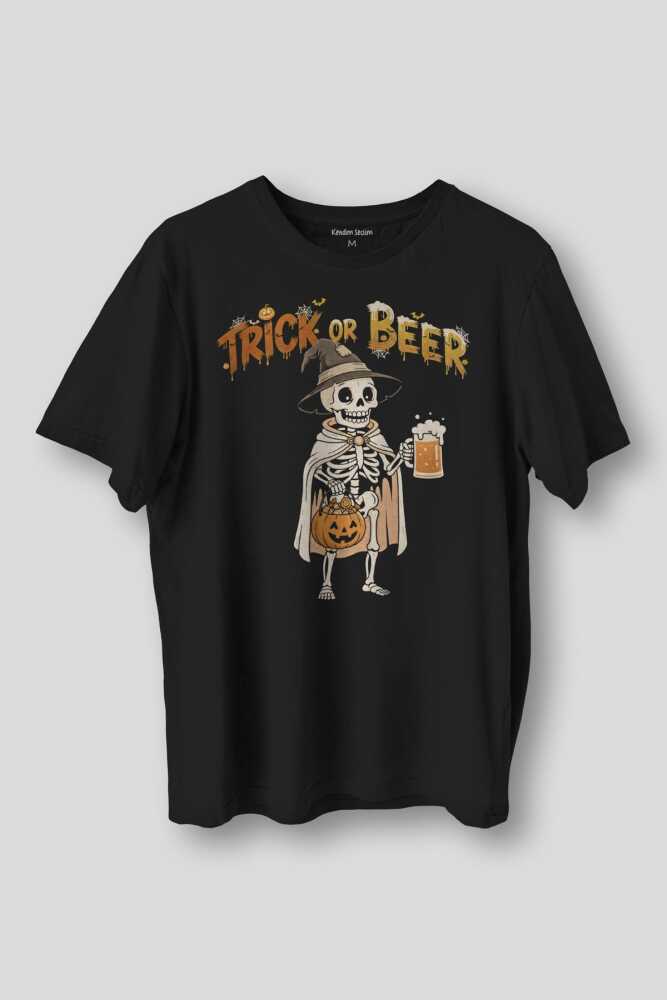 Funny Trick Or Beer Halloween Skeleton Cadılar Bayramı Baskılı Siyah Unisex Tişört - 1