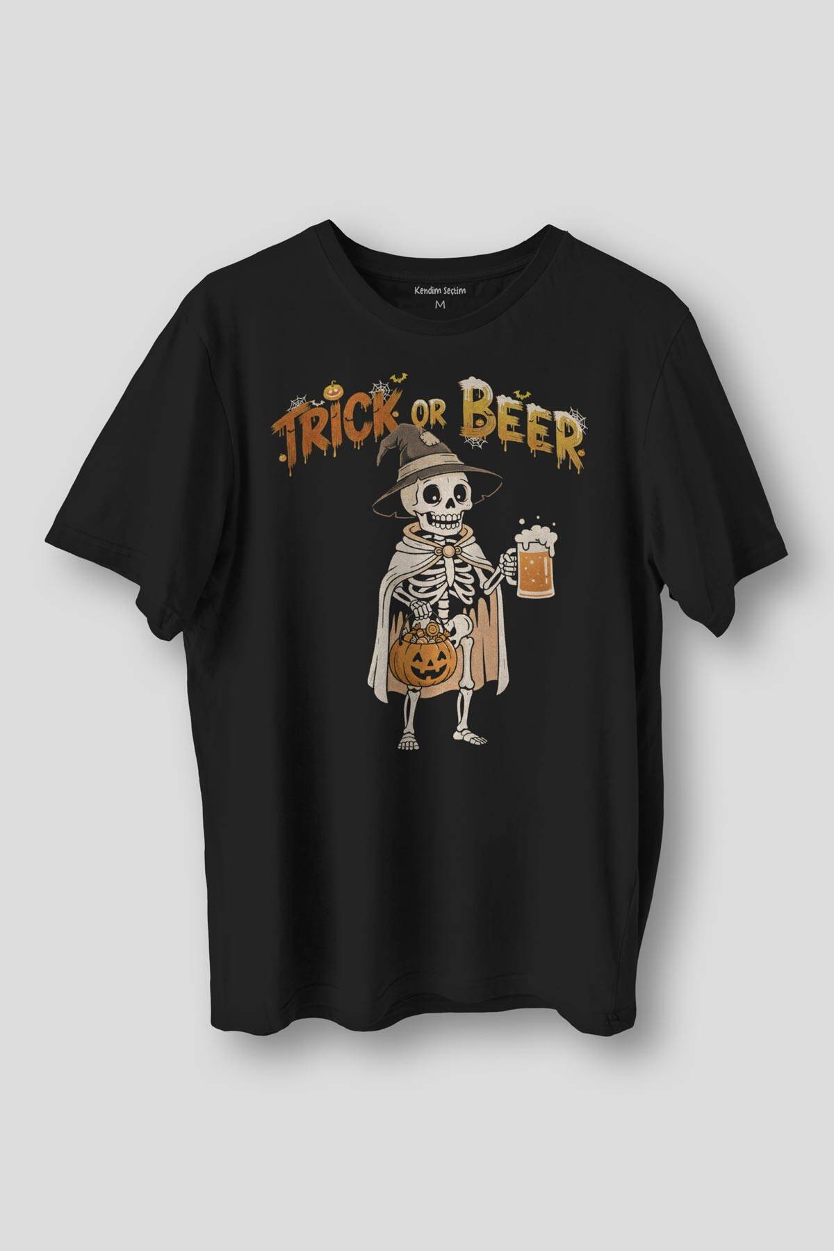 Funny Trick Or Beer Halloween Skeleton Cadılar Bayramı Baskılı Siyah Unisex Tişört