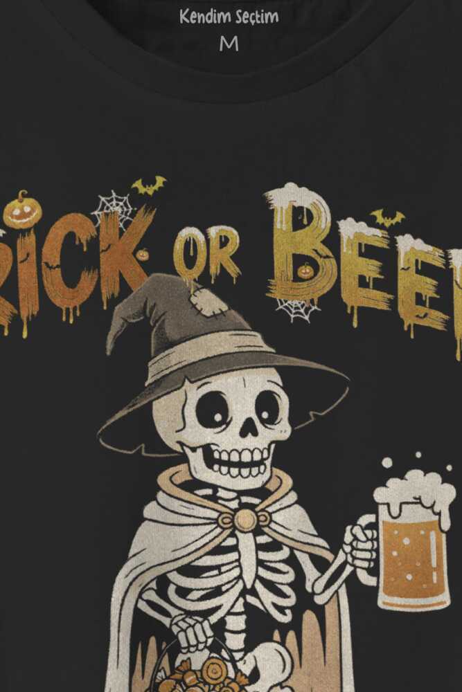 Funny Trick Or Beer Halloween Skeleton Cadılar Bayramı Baskılı Siyah Unisex Tişört - 2
