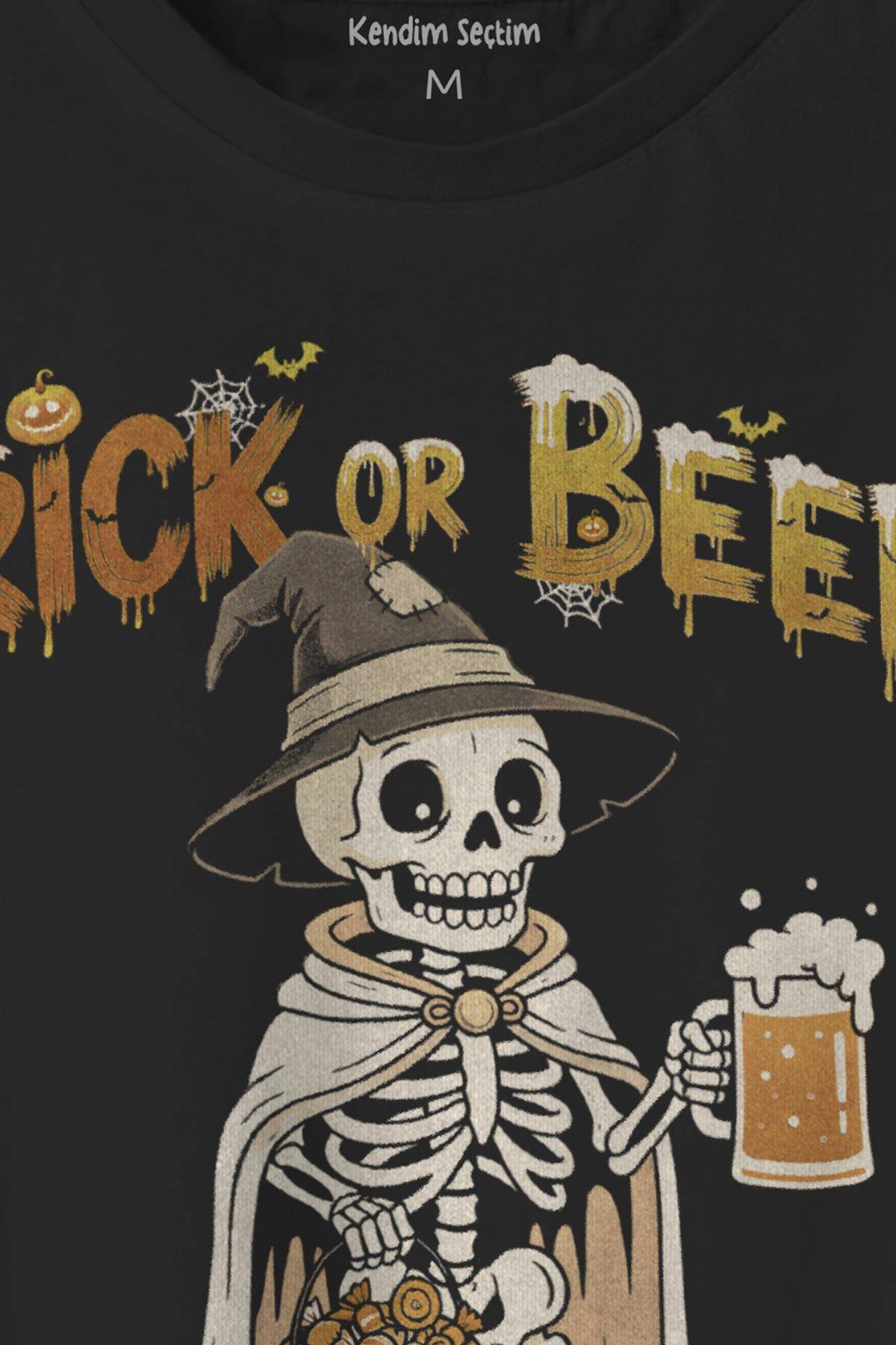 Funny Trick Or Beer Halloween Skeleton Cadılar Bayramı Baskılı Siyah Unisex Tişört (1)
