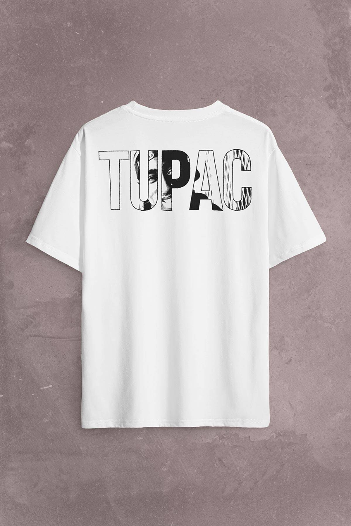 Tupac Amaru Shakur Awesome 2Pac Rap Music Sırt Ön Baskılı Beyaz Oversize Tişört Unisex