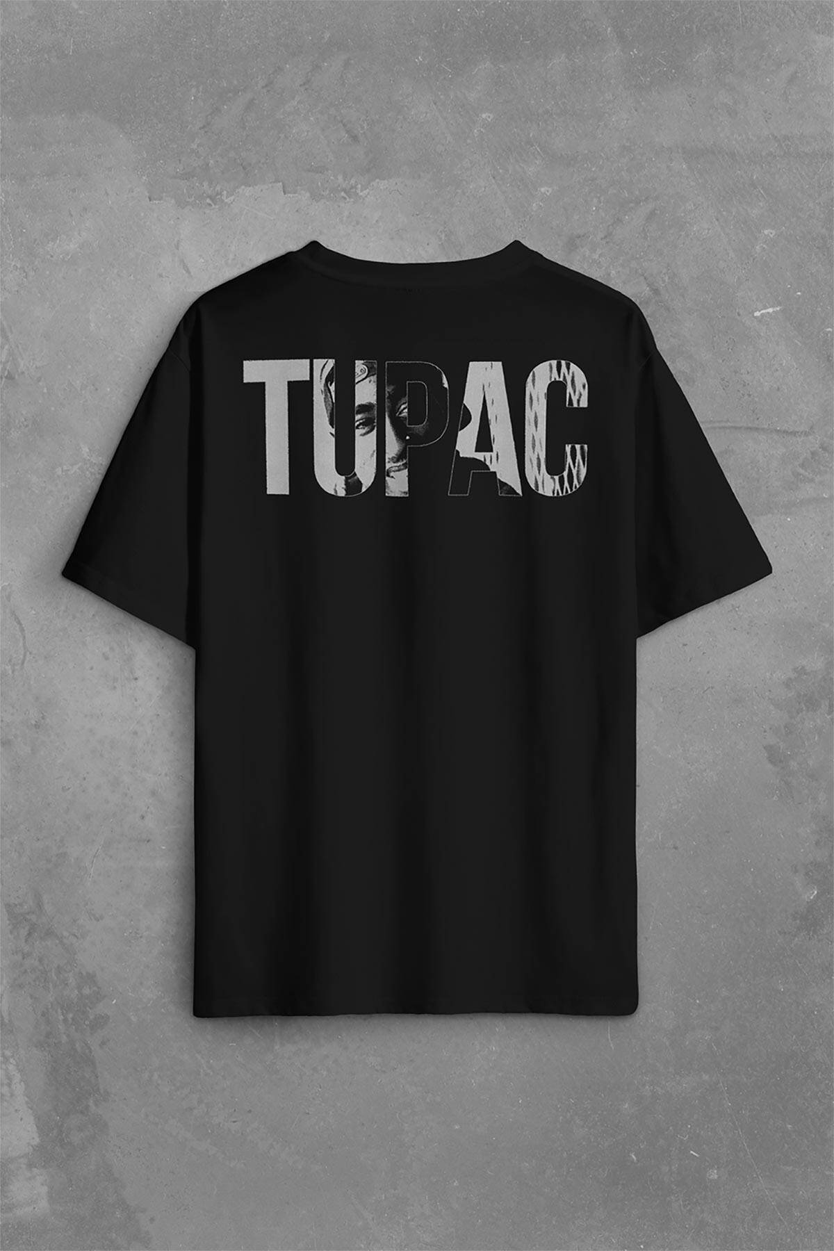 Tupac Amaru Shakur Awesome 2Pac Rap Music Sırt Ön Baskılı Siyah Oversize Tişört Unisex