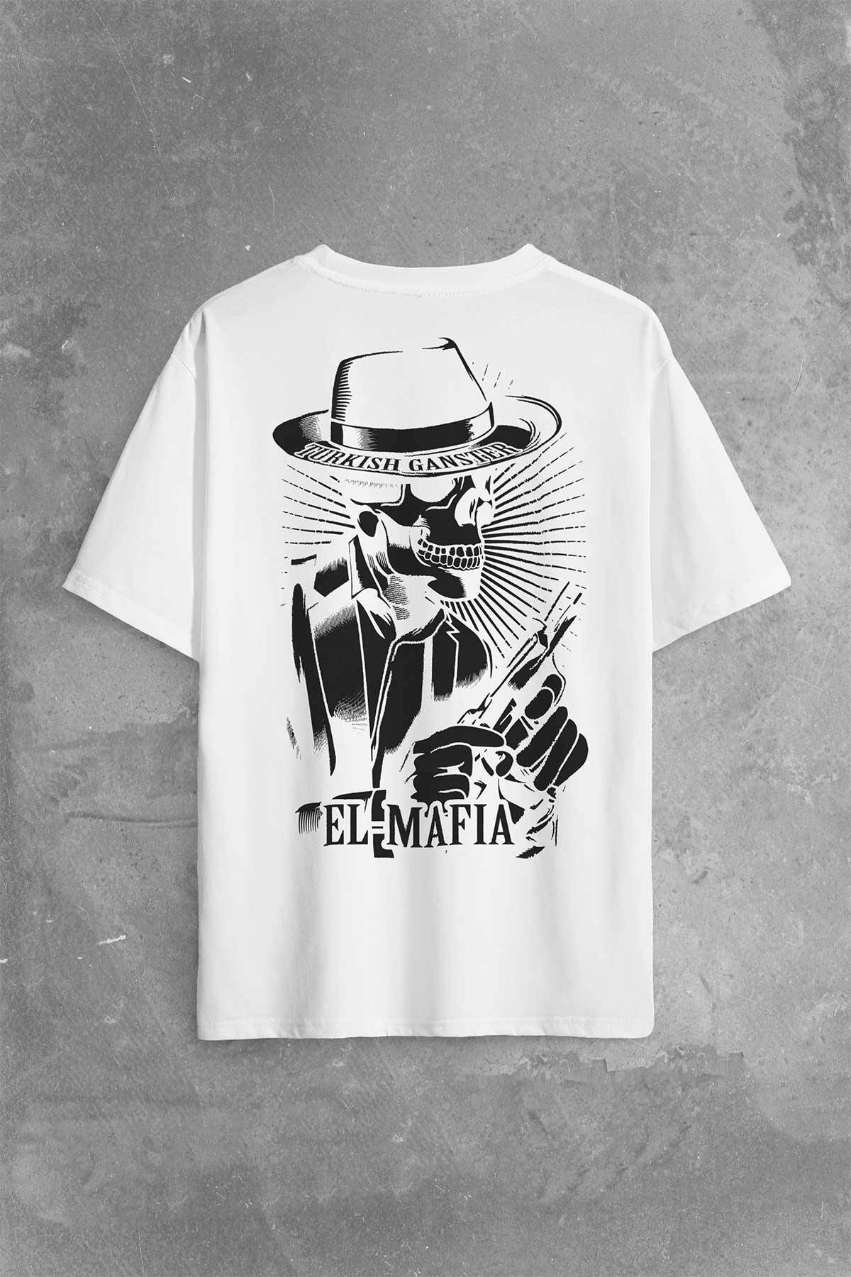 Turkish Gangster El Mafia Mafya Temalı Sırt Ön Baskılı Beyaz Oversize Tişört Unisex