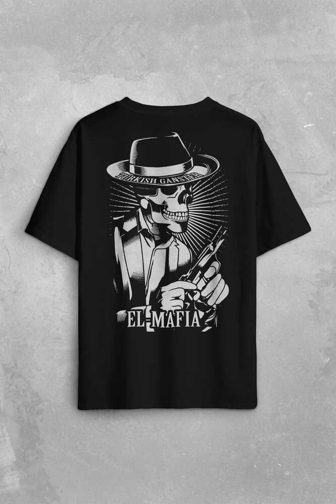 Turkish Gangster El Mafia Mafya Temalı Sırt Ön Baskılı Siyah Oversize Tişört Unisex