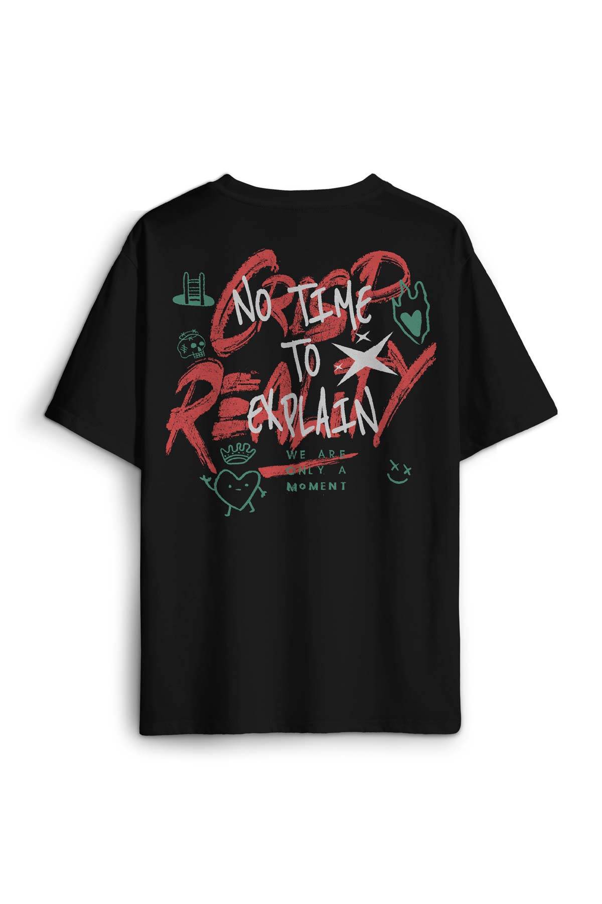 Typography Design Crispy Reality Y2K Grunge Street Grafiti Baskılı Oversize T-shirt Siyah Unisex (1)