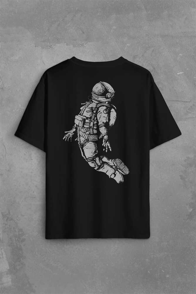 Uçan Astronot Uzay Yolculuğu Cosmos Galaksi Sırt Ön Baskılı Oversize Tişört Unisex (1)