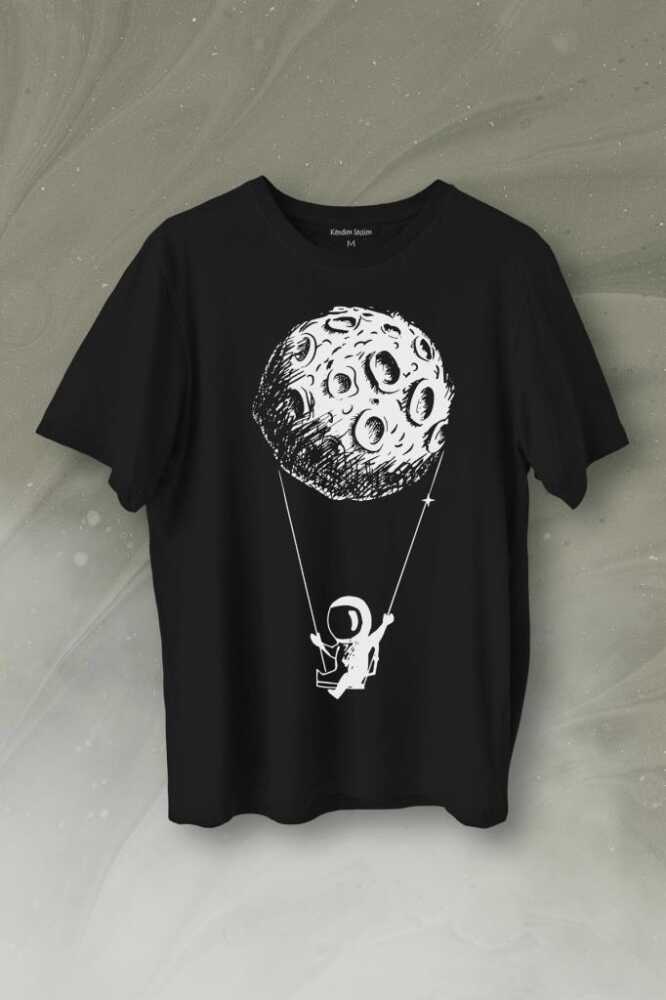 Uçan Balon Gezegen Minimal Astronot Uzay Urban Cosmos Baskılı Siyah Tişört Unisex