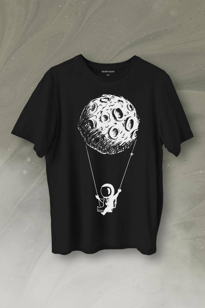 Uçan Balon Gezegen Minimal Astronot Uzay Urban Cosmos Baskılı Siyah Tişört Unisex
