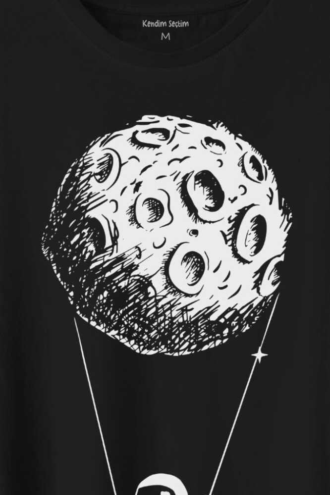 Uçan Balon Gezegen Minimal Astronot Uzay Urban Cosmos Baskılı Siyah Tişört Unisex (1)