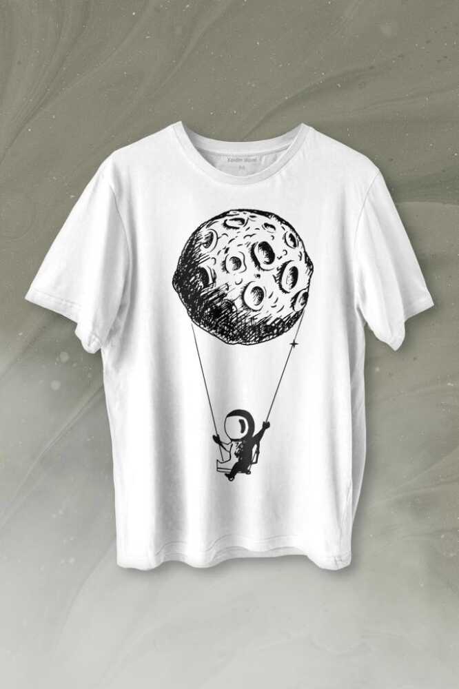 Uçan Balon Gezegen Minimal Astronot Uzay Urban Cosmos Baskılı Beyaz Tişört Unisex