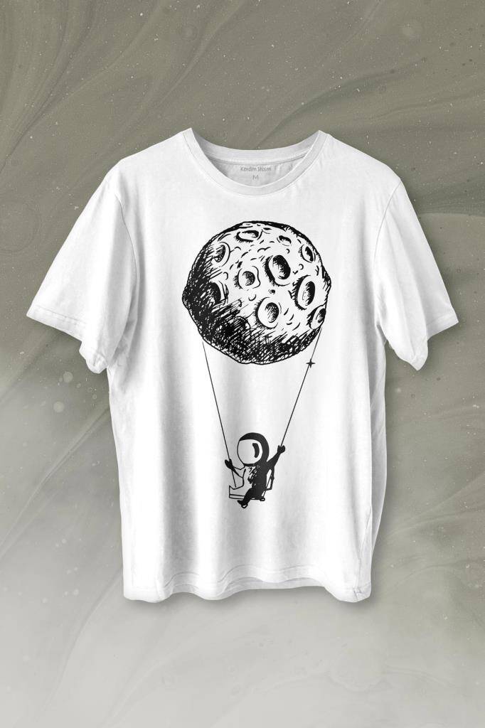 Uçan Balon Gezegen Minimal Astronot Uzay Urban Cosmos Baskılı Beyaz Tişört Unisex